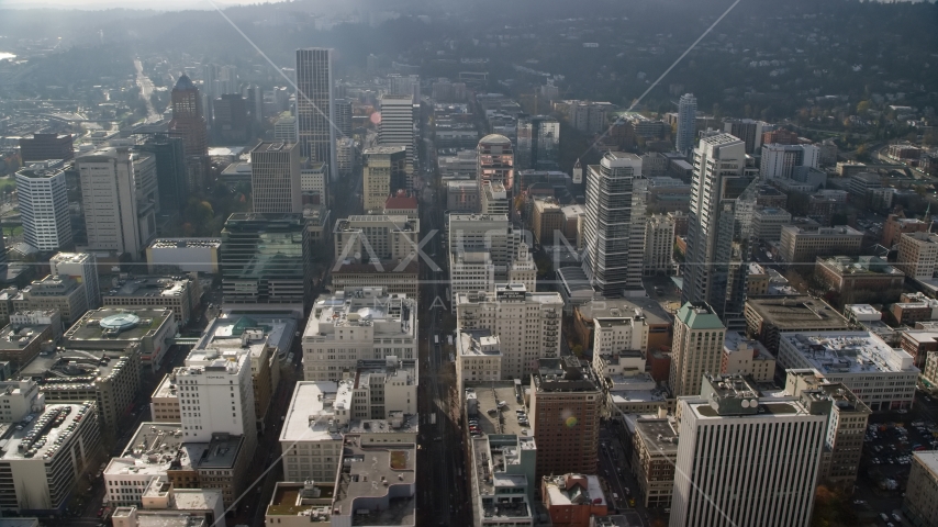 SW 6th Avenue and tall skyscrapers in Downtown Portland, Oregon Aerial Stock Photo AX153_106.0000260F | Axiom Images