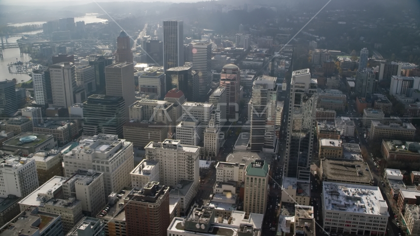 Downtown Portland high-rises and skyscrapers, Oregon Aerial Stock Photo AX153_106.0000359F | Axiom Images