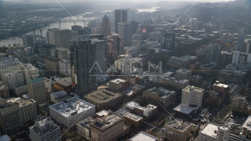 Park Avenue West Tower and nearby skyscrapers in Downtown Portland, Oregon Aerial Stock Photo AX153_107.0000206F | Axiom Images