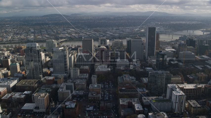 Skyscrapers beside the Willamette River in Downtown Portland, Oregon Aerial Stock Photo AX153_109.0000108F | Axiom Images