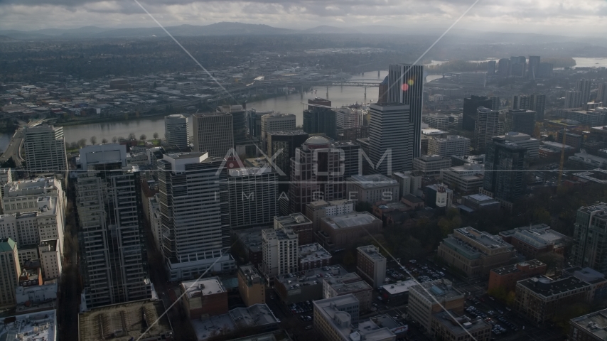 Skyscrapers near the Willamette River in Downtown Portland, Oregon Aerial Stock Photo AX153_109.0000263F | Axiom Images