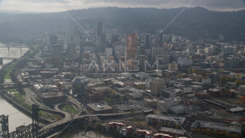 US Bancorp Tower and skyscrapers in Downtown Portland, Oregon Aerial Stock Photo AX153_115.0000082F | Axiom Images