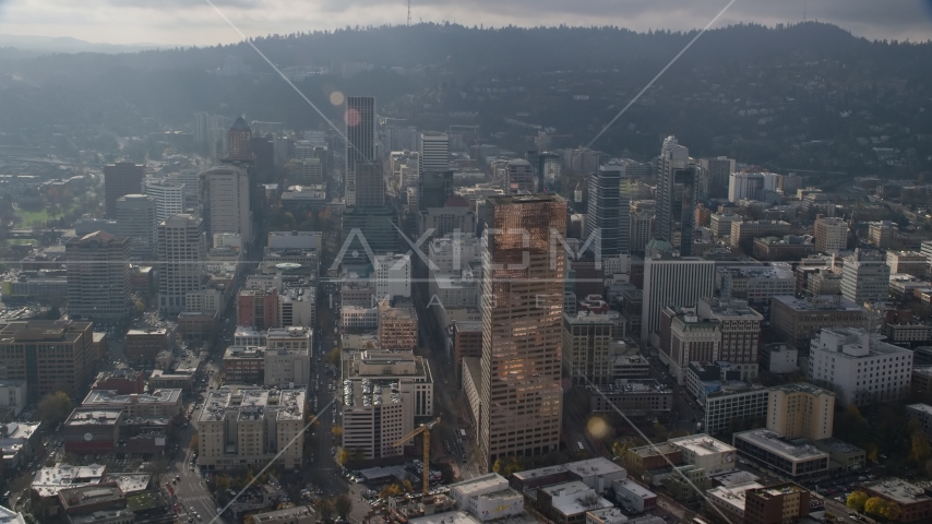 US Bancorp Tower and high-rises in Downtown Portland, Oregon Aerial Stock Photo AX153_115.0000339F | Axiom Images