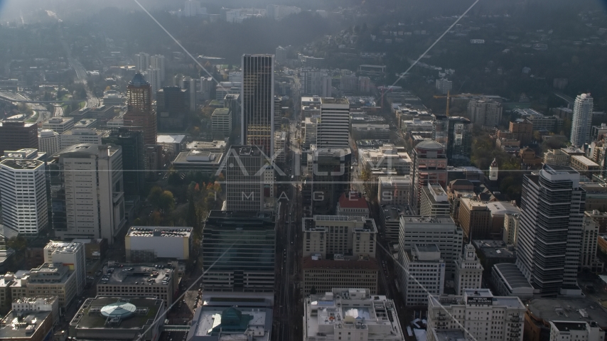 SW 5th Avenue through Downtown Portland, Oregon Aerial Stock Photo AX153_116.0000267F | Axiom Images