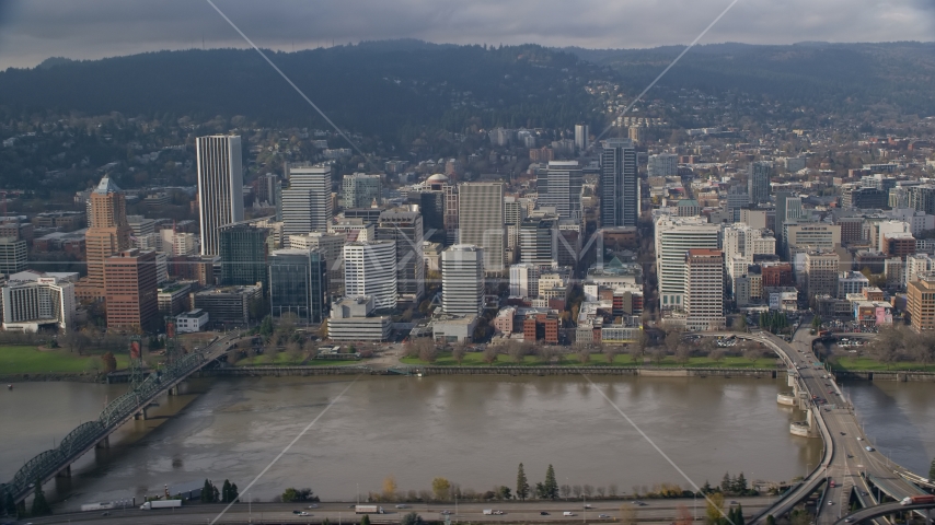 Skyscrapers between the Hawthorne and Morrison Bridges, Downtown Portland, Oregon Aerial Stock Photo AX153_121.0000032F | Axiom Images