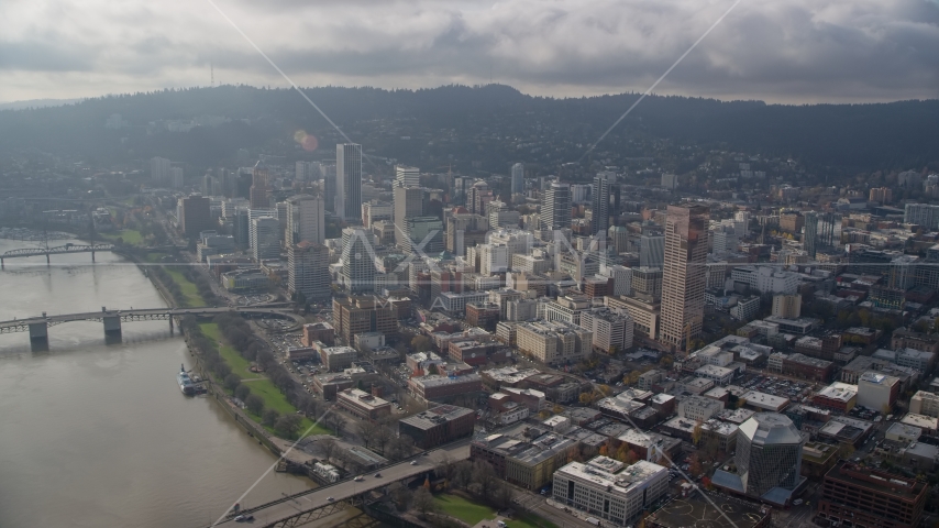 Skyscrapers and high-rises near the river in Downtown Portland, Oregon Aerial Stock Photo AX153_123.0000000F | Axiom Images