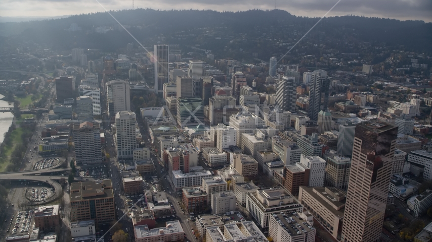 Skyscrapers and high-rises in Downtown Portland, Oregon Aerial Stock Photo AX153_123.0000338F | Axiom Images