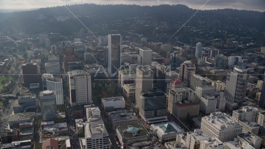 Wells Fargo Center and skyscrapers in Downtown Portland, Oregon Aerial Stock Photo AX153_124.0000254F | Axiom Images