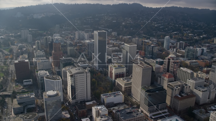 High-rises around KOIN Center and Wells Fargo Center in Downtown Portland, Oregon Aerial Stock Photo AX153_125.0000000F | Axiom Images