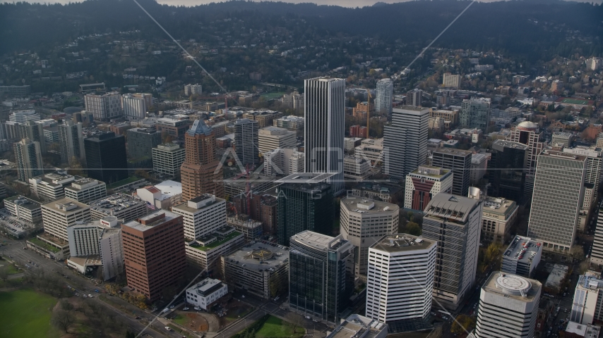 The KOIN Center and Wells Fargo Center skyscrapers and high-rises in Downtown Portland, Oregon Aerial Stock Photo AX153_125.0000324F | Axiom Images