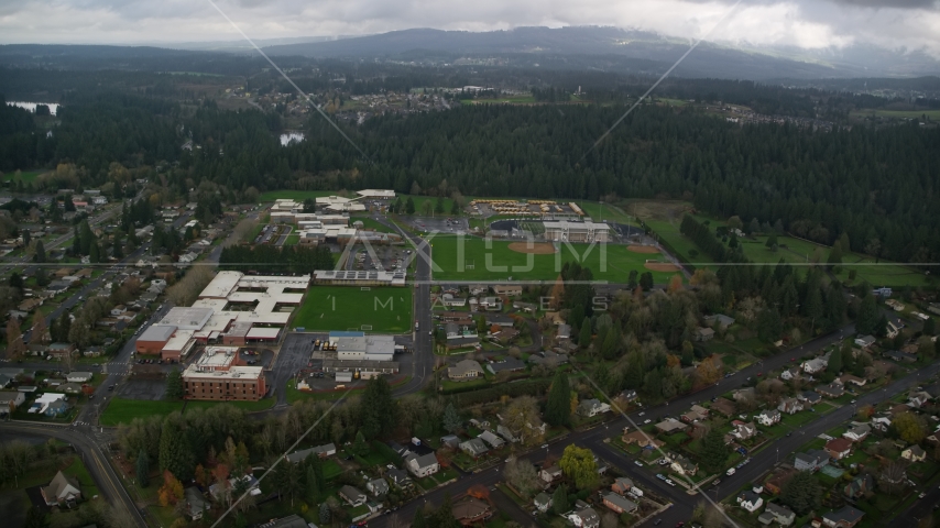 School campuses and sports fields in Camas, Washington Aerial Stock Photo AX153_155.0000018F | Axiom Images