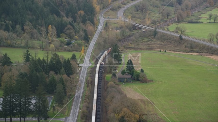 A train in Washougal, Washington Aerial Stock Photo AX153_172.0000310F | Axiom Images