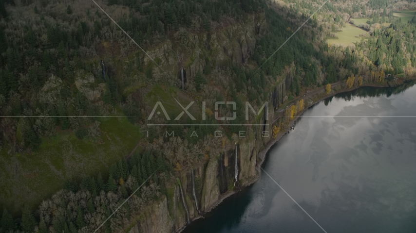 Cliffside waterfalls in Columbia River Gorge, Oregon Aerial Stock Photo AX153_187.0000002F | Axiom Images