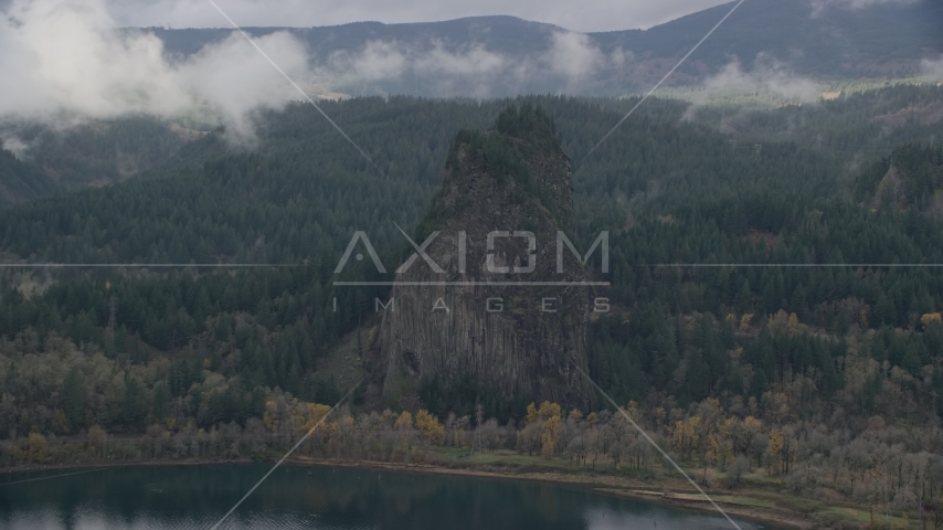 Beacon Rock in the Columbia River Gorge, Skamania County, Washington Aerial Stock Photo AX154_027.0000278F | Axiom Images