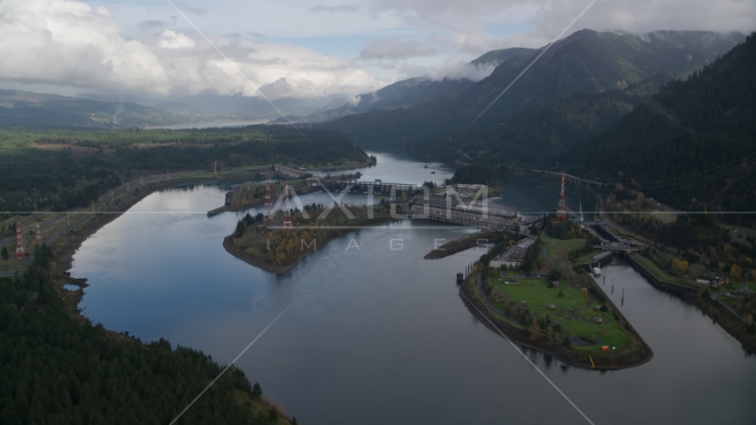 Bonneville Dam in the Columbia River, Columbia River Gorge Aerial Stock Photo AX154_028.0000241F | Axiom Images