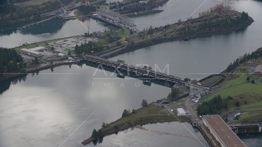 The Bonneville Dam in Columbia River Gorge Aerial Stock Photo AX154_033.0000329F | Axiom Images