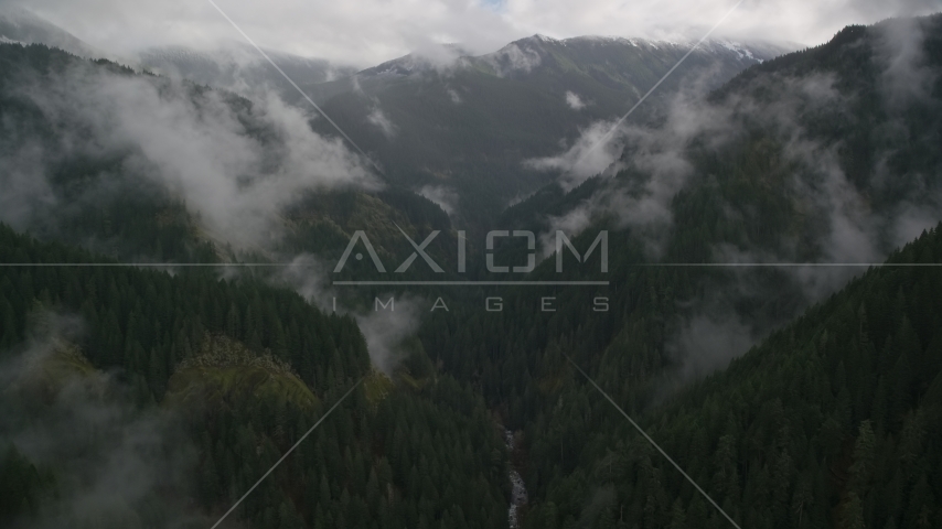 The Eagle Creek Trail through mountain canyon in Cascade Range, Hood River County, Oregon Aerial Stock Photo AX154_051.0000000F | Axiom Images