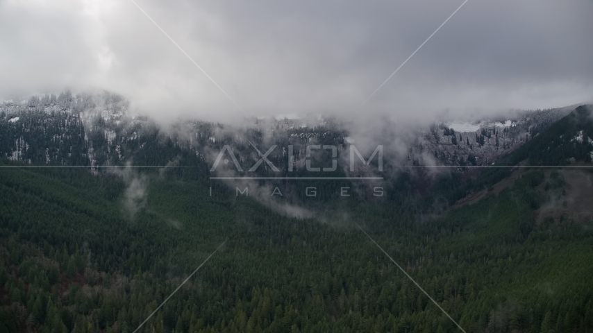 Mountains with at the end of a canyon with evergreens in Cascade Range, Hood River County, Oregon Aerial Stock Photo AX154_057.0000216F | Axiom Images