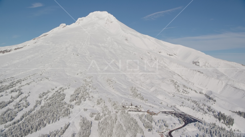 Steep mountain slopes with snow and Timberline Ski Resort, Mount Hood, Cascade Range, Oregon Aerial Stock Photo AX154_090.0000000F | Axiom Images