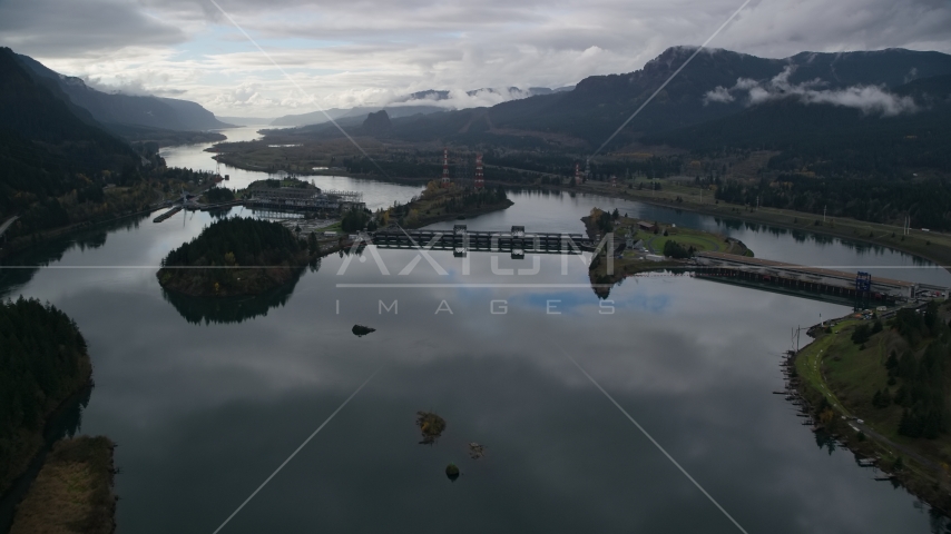 A view of the Bonneville Dam in the Columbia River Gorge Aerial Stock Photo AX154_176.0000071F | Axiom Images