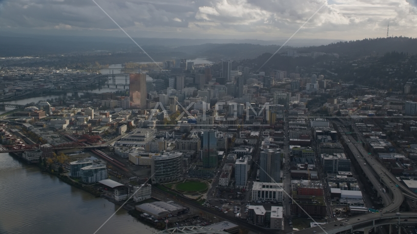 Skyscrapers and Interstate 405 in Downtown Portland, Oregon Aerial Stock Photo AX154_228.0000000F | Axiom Images