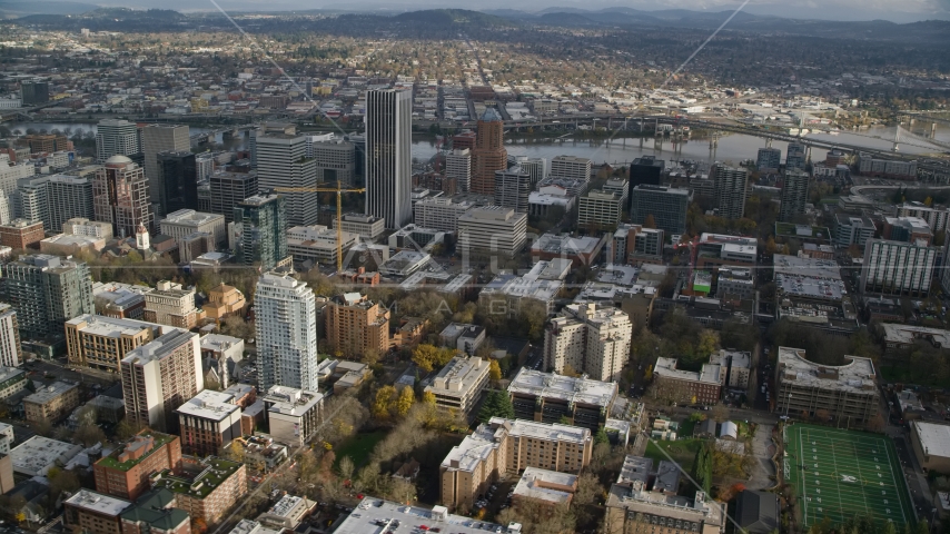 Skyscrapers and city buildings in Downtown Portland, Oregon  Aerial Stock Photo AX154_231.0000315F | Axiom Images