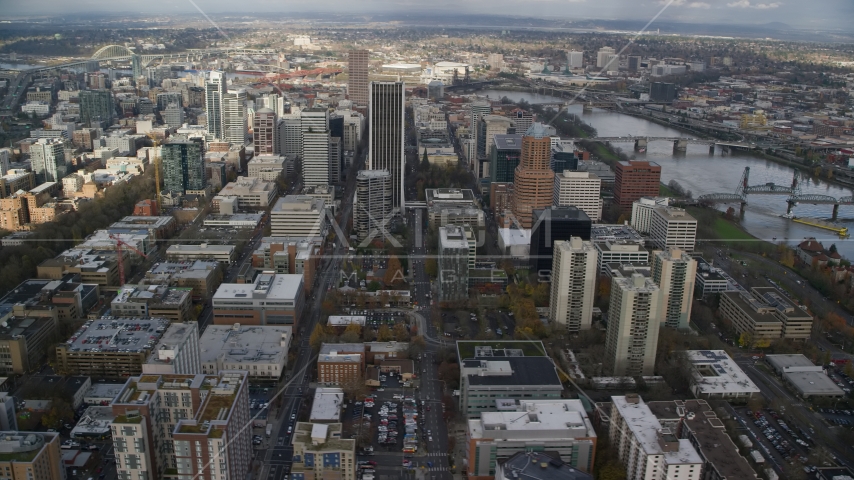 Wells Fargo Center, KOIN Center and skyscrapers by the river in Downtown Portland, Oregon Aerial Stock Photo AX154_233.0000078F | Axiom Images