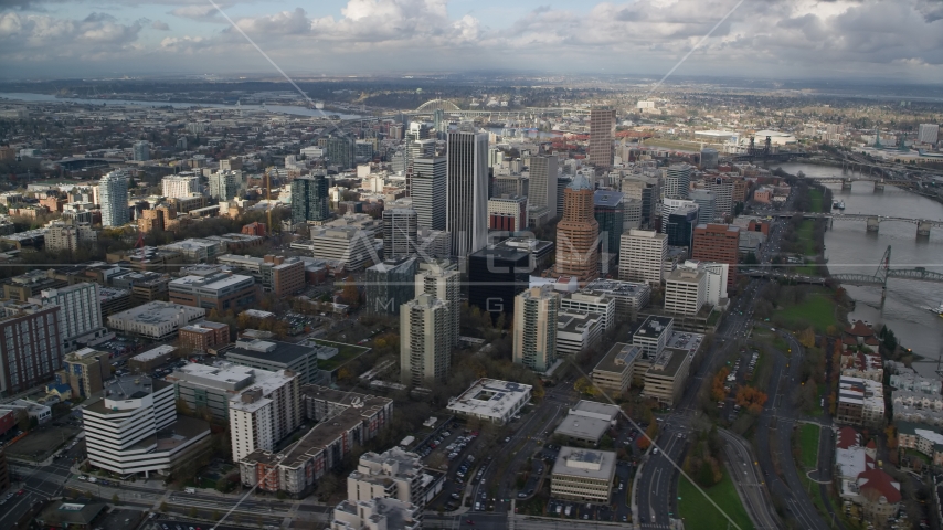 Wells Fargo Center, KOIN Center and skyscrapers in Downtown Portland, Oregon Aerial Stock Photo AX154_233.0000272F | Axiom Images