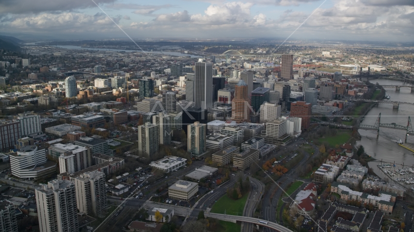 Skyscrapers in Downtown Portland, Oregon, by the Willamette River Aerial Stock Photo AX154_234.0000000F | Axiom Images