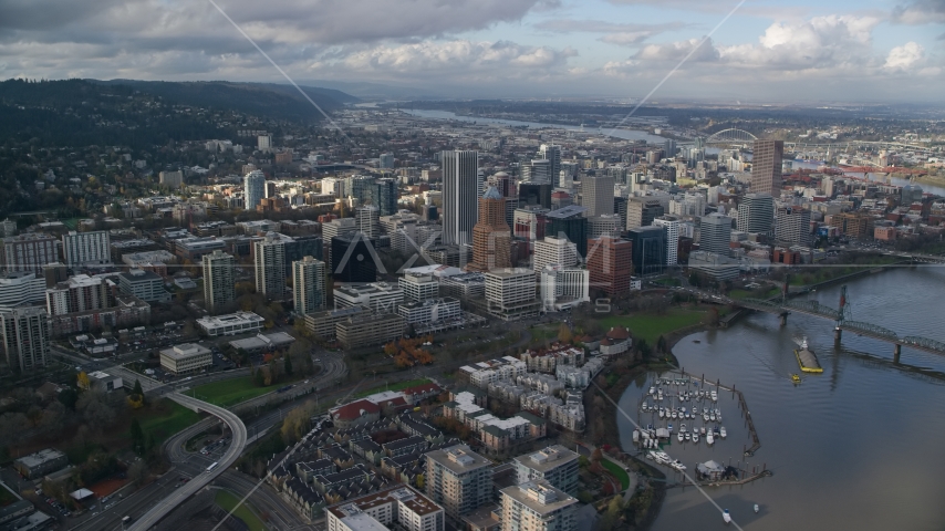 Skyscrapers in Downtown Portland, Oregon, and Riverplace Marina by Hawthorne Bridge Aerial Stock Photo AX154_234.0000220F | Axiom Images