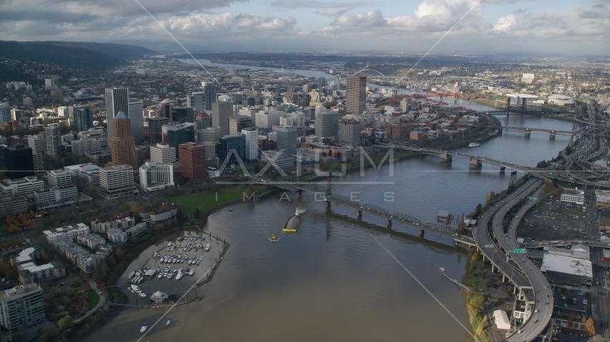 Skyscrapers in Downtown Portland, Oregon, seen from the Willamette River Aerial Stock Photo AX154_235.0000000F | Axiom Images