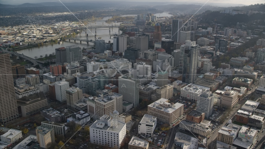 Skyscrapers and the Willamette River in Downtown Portland, Oregon Aerial Stock Photo AX154_238.0000329F | Axiom Images