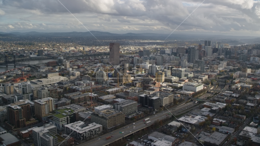 Downtown skyscrapers and Interstate 405 with Willamette River in the background, Downtown Portland, Oregon Aerial Stock Photo AX154_240.0000072F | Axiom Images