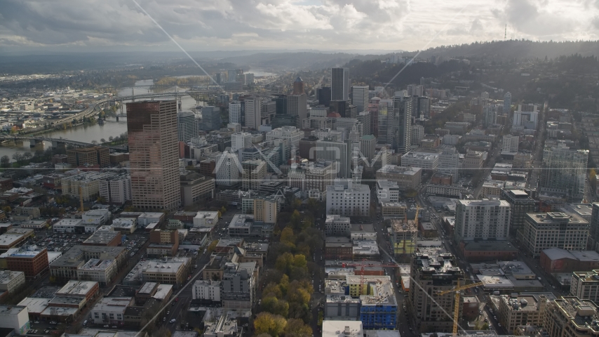 US Bancorp Tower among downtown skyscrapers in autumn, Downtown Portland, Oregon Aerial Stock Photo AX154_242.0000356F | Axiom Images