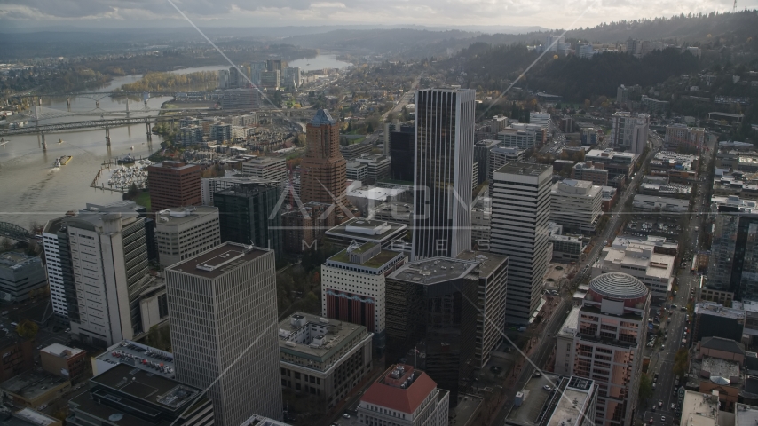 KOIN Center and Wells Fargo Center in Downtown Portland, Oregon Aerial Stock Photo AX154_244.0000321F | Axiom Images