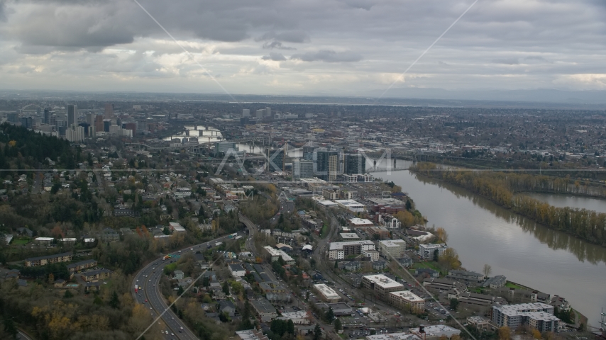 Condo high-rises by the Willamette River in South Waterfront, Downtown Portland, Oregon Aerial Stock Photo AX155_019.0000282F | Axiom Images