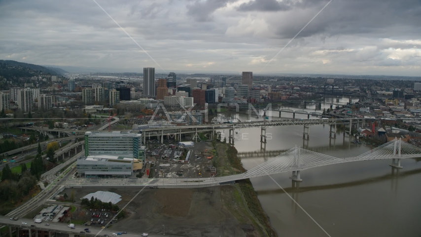 Ross Island Bridge to Downtown Portland, Oregon Aerial Stock Photo AX155_027.0000292F | Axiom Images