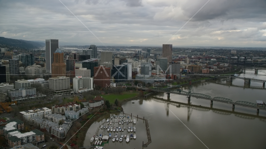 Hawthorne Bridge, US Bancorp Tower in Downtown Portland, Oregon Aerial Stock Photo AX155_029.0000000F | Axiom Images