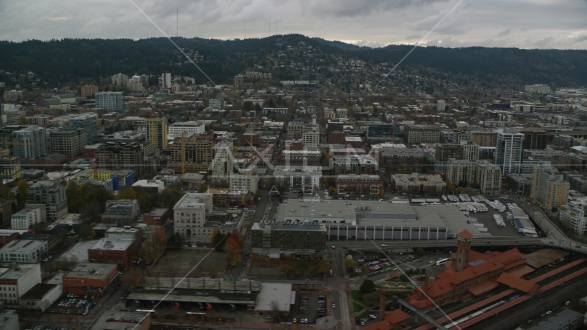 Downtown buildings and Union Station in Downtown Portland, Oregon Aerial Stock Photo AX155_032.0000027F | Axiom Images