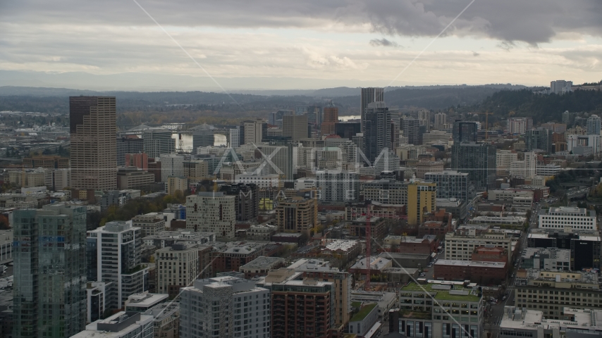 Downtown buildings and skyscrapers, Downtown Portland, Oregon Aerial Stock Photo AX155_037.0000000F | Axiom Images