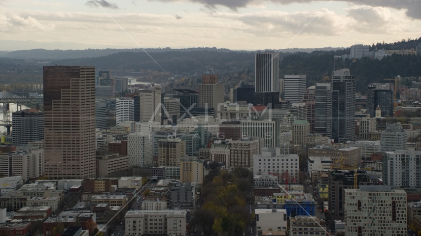 US Bancorp Tower and skyscrapers in Downtown Portland, Oregon Aerial Stock Photo AX155_039.0000000F | Axiom Images