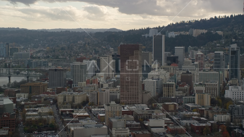 US Bancorp Tower and skyscrapers in Downtown Portland, Oregon Aerial Stock Photo AX155_039.0000319F | Axiom Images