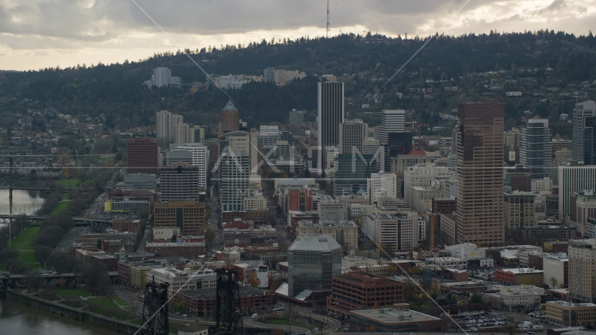 US Bancorp Tower and skyscrapers in Downtown Portland, Oregon Aerial Stock Photo AX155_040.0000307F | Axiom Images