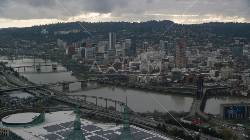 Downtown Portland, Oregon, across the Willamette River Aerial Stock Photo AX155_041.0000116F | Axiom Images