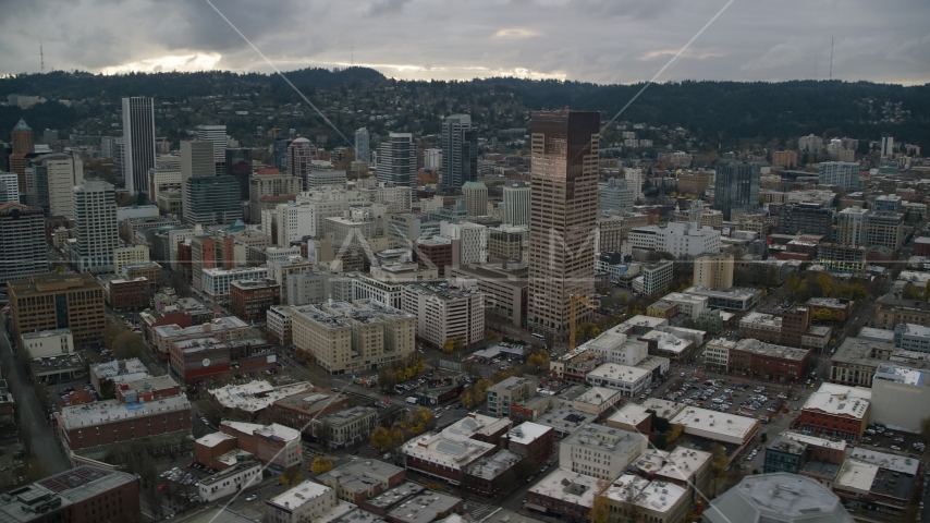 Skyscrapers, downtown buildings, and US Bancorp Tower in Downtown Portland, Oregon Aerial Stock Photo AX155_052.0000326F | Axiom Images