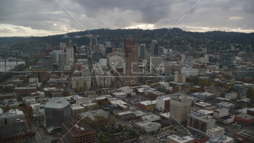 Skyscrapers, downtown buildings, and US Bancorp Tower, near Willamette River in Downtown Portland, Oregon Aerial Stock Photo AX155_053.0000126F | Axiom Images