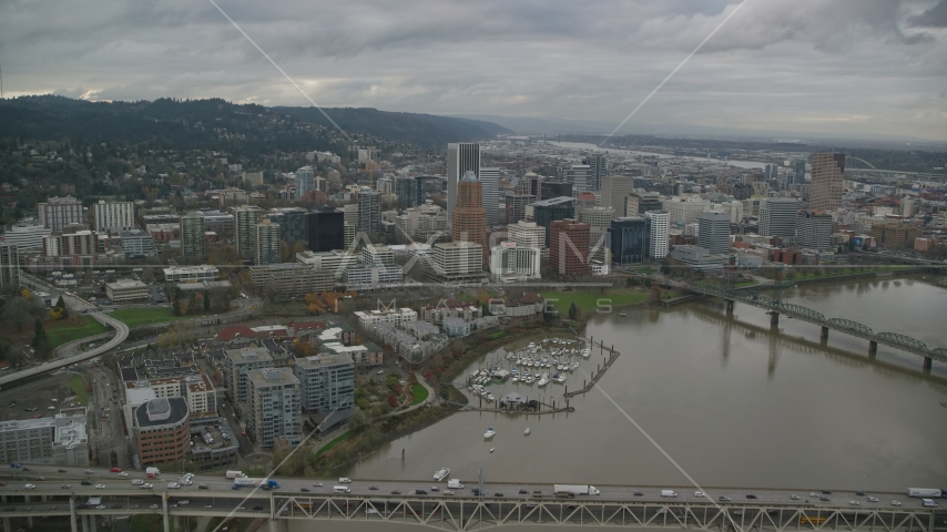 Bridges spanning Willamette River near Downtown Portland, Oregon Aerial Stock Photo AX155_063.0000342F | Axiom Images