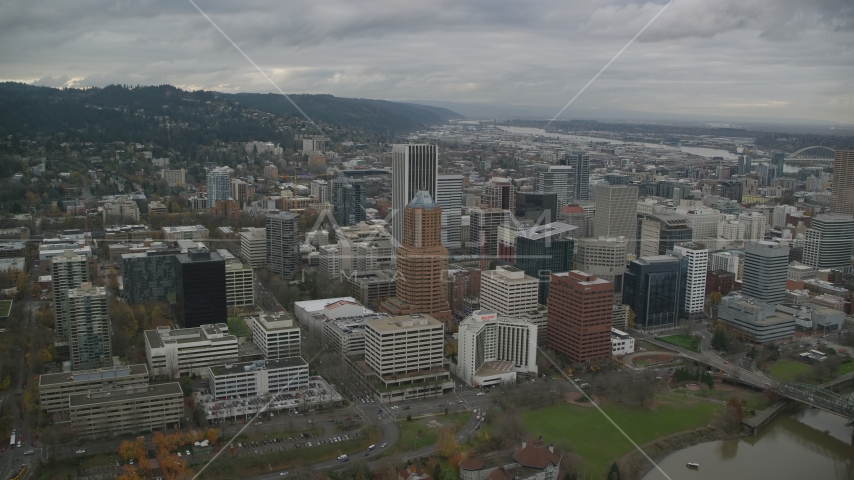 KOIN Center, Wells Fargo Center near PacWest Center in Downtown Portland, Oregon Aerial Stock Photo AX155_064.0000207F | Axiom Images