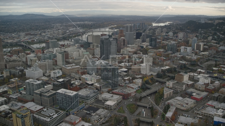 Downtown Portland, Oregon cityscape and the I-405 freeway Aerial Stock Photo AX155_067.0000088F | Axiom Images