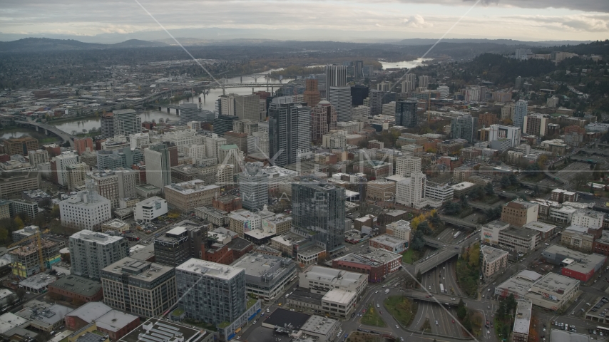 Downtown Portland, Oregon cityscape and the I-405 freeway Aerial Stock Photo AX155_067.0000137F | Axiom Images